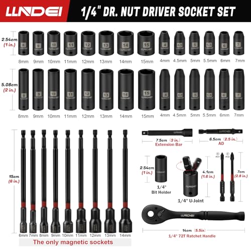 LLNDEI 1/4" Drive Socket Set & Nut Driver Set 44PCS, 1/4-Inch Sockets Deep&Shallow Metric(4-15mm) with Ratchet, 1/4" Hex Shank 6" Long Nut Drivers(6-14mm) for Impact Drill Bits(PH1 PH2) - Image 3