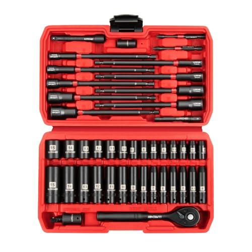 LLNDEI 1/4" Drive Socket Set & Nut Driver Set 44PCS, 1/4-Inch Sockets Deep&Shallow Metric(4-15mm) with Ratchet, 1/4" Hex Shank 6" Long Nut Drivers(6-14mm) for Impact Drill Bits(PH1 PH2) - Image 1