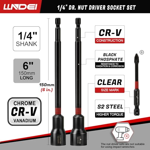 LLNDEI 1/4" Drive Socket Set & Nut Driver Set 44PCS, 1/4-Inch Sockets Deep&Shallow Metric(4-15mm) with Ratchet, 1/4" Hex Shank 6" Long Nut Drivers(6-14mm) for Impact Drill Bits(PH1 PH2) - Image 5