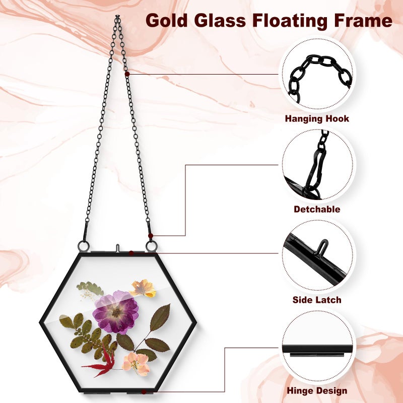 Soaoo 12 Pcs Brass Glass Frame for Pressed Flowers with Chain Clear Double Glass Floating Artwork Display Frame for Wall Decor with Dried Plant Leaf, 6 Shapes(Black) - Image 3