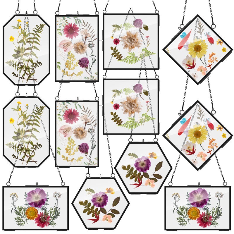 Soaoo 12 Pcs Brass Glass Frame for Pressed Flowers with Chain Clear Double Glass Floating Artwork Display Frame for Wall Decor with Dried Plant Leaf, 6 Shapes(Black) - Image 1