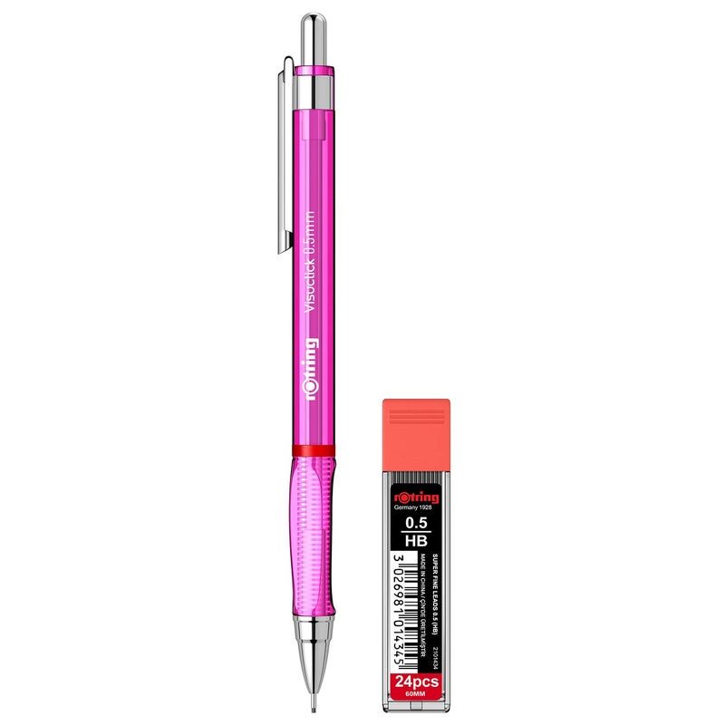 Rotring Visuclick Pink Mechanical Pencil 05mm for Drawing Writing Sketching Transparent ABS Plastic Body 12 HB Polymer Leads - Image 1