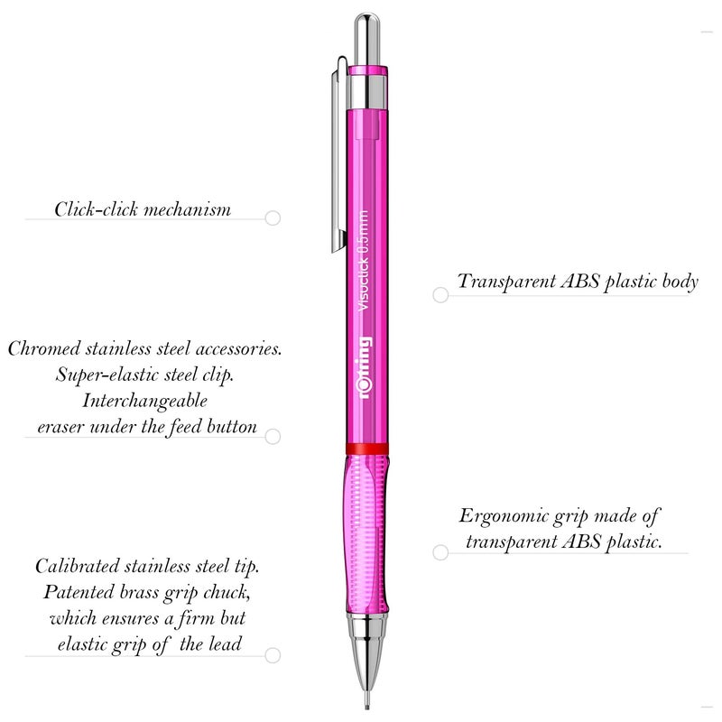 Rotring Visuclick Pink Mechanical Pencil 05mm for Drawing Writing Sketching Transparent ABS Plastic Body 12 HB Polymer Leads - Image 2