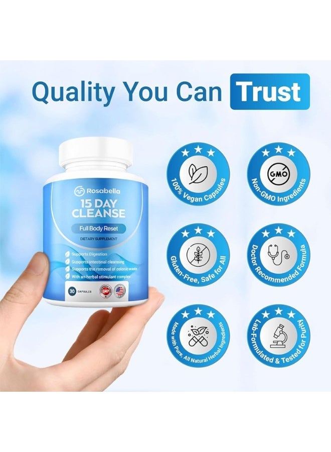 Rosabella 15 Day Cleanse - Full Body Detox & Colon Cleanse for Men & Women - Gut Cleanse Detox Pills for Digestive Health & Bloating Relief - Doctor-Formulated, Non-GMO, 30 Vegan Capsules - Image 3