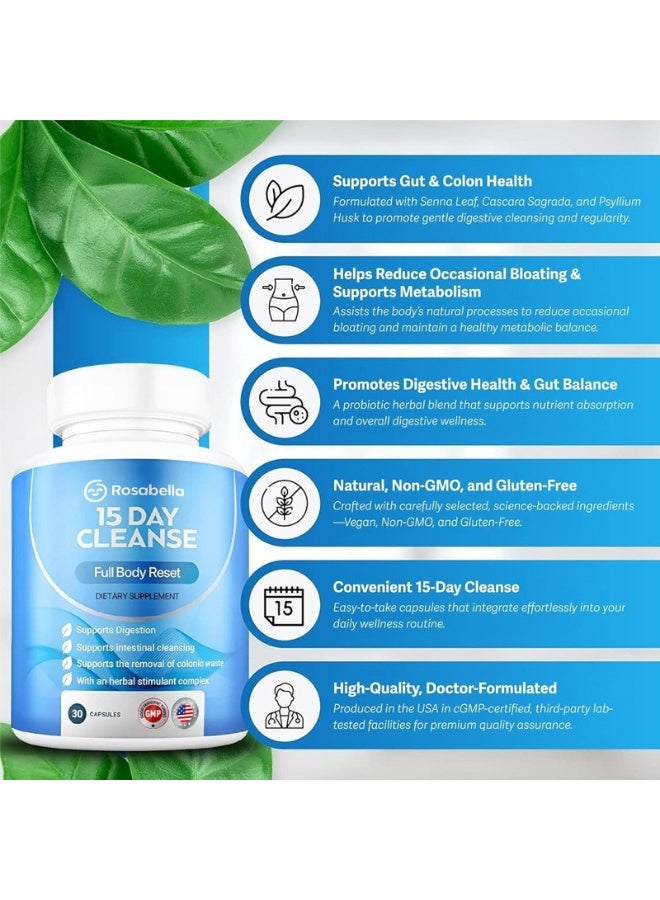 Rosabella 15 Day Cleanse - Full Body Detox & Colon Cleanse for Men & Women - Gut Cleanse Detox Pills for Digestive Health & Bloating Relief - Doctor-Formulated, Non-GMO, 30 Vegan Capsules - Image 5