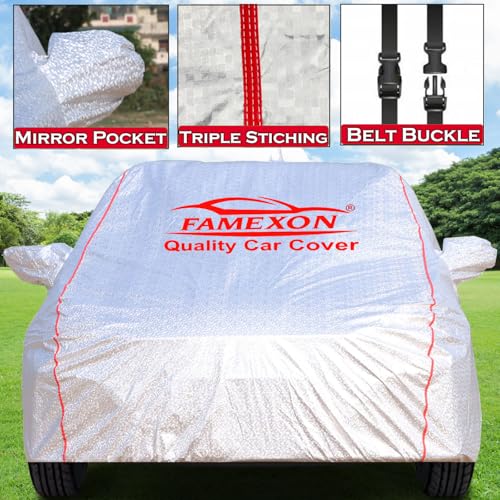 FAMEXON Waterproof Car Body Cover with Mirror Pocket Compatible for Hyundai I20 Triple Layer Inner Fabric & Pipein Design Protects from Animals, Heat, Rainfall (Metallic Silver) - Image 2