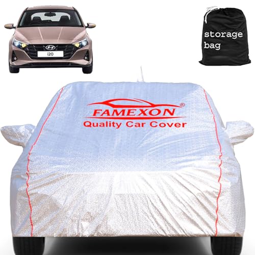 FAMEXON Waterproof Car Body Cover with Mirror Pocket Compatible for Hyundai I20 Triple Layer Inner Fabric & Pipein Design Protects from Animals, Heat, Rainfall (Metallic Silver) - Image 1
