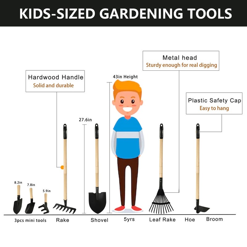 POMIKU Kids Rake and Shovel Sets 7PCS Child Metal Gardening Tools for Real DiggingGreat for Garden Yard Sandbox Lawn Camping Play Outdoor Toys for Ages 24 57 Years Old - Image 3
