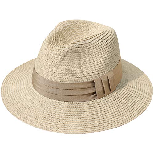 Lanzom Women Wide Brim Straw Panama Roll up Hat Fedora Beach Sun Hat UPF50+ (B-Khaki) - Image 1
