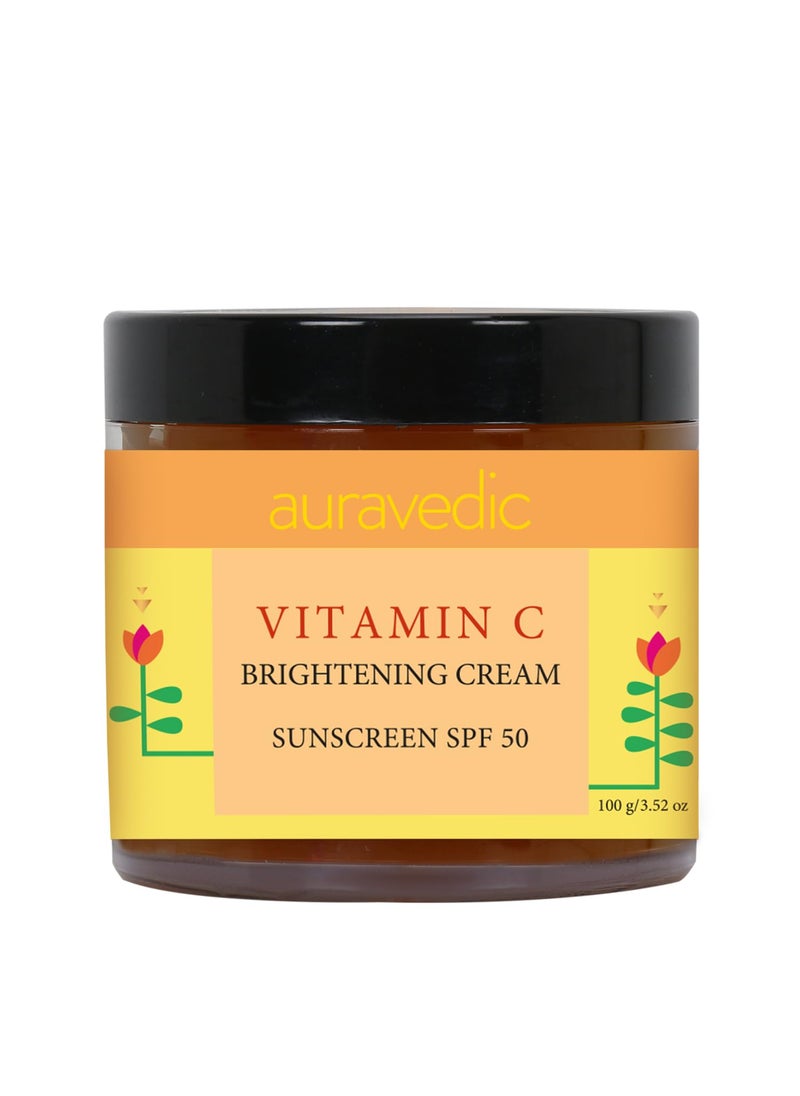 Auravedic Vitamin C Face Cream with SPF 50  Reduces Sun Damage  Revives Dull Skin  Organic Hydration  Argan  Avocado Oil Infused Sunscreen Moisturizer  353 Oz 100g 