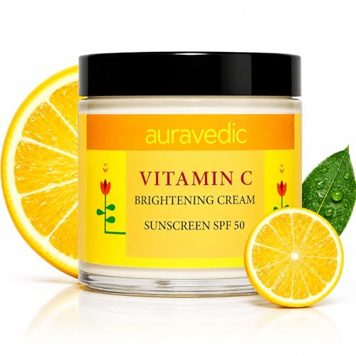 Auravedic Vitamin C Face Cream with SPF 50 for Glowing Skin Reduces Sun Damage Revives Dull Skin Organic Hydration Argan Avocado Oil Infused Sunscreen Moisturizer 353 Oz 100g - Image 1
