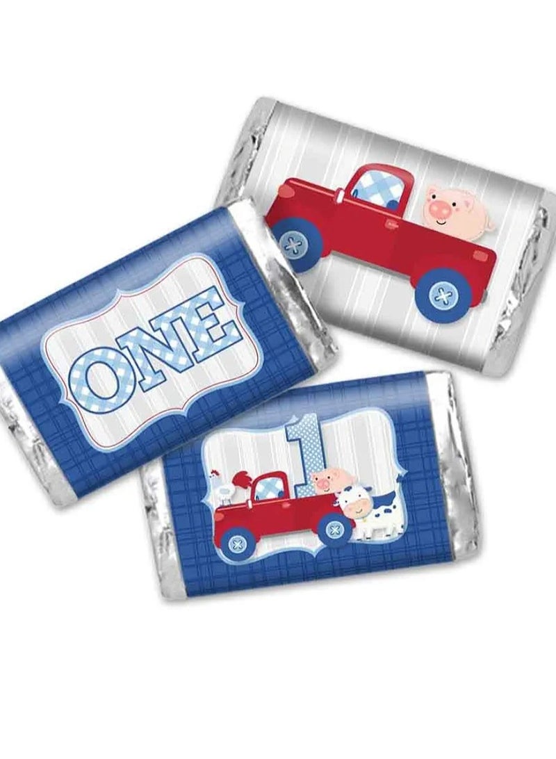 1st Birthday Party Mini Chocolate Candy Bar Sticker Wrappers for Boys, 45 1.4" x 2.6" Wrap Around Labels by Great for Party Favors - Image 1