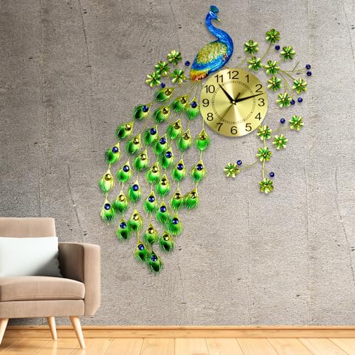 KRESHU 3D Metal Peacock Wall Hanging Clock Home Bedroom Decoration Silent Quartz Creative Elegant Luxurious Non Ticking Wall Clock Analog Dial Pad for Living Room (Shining Golden) - Image 2