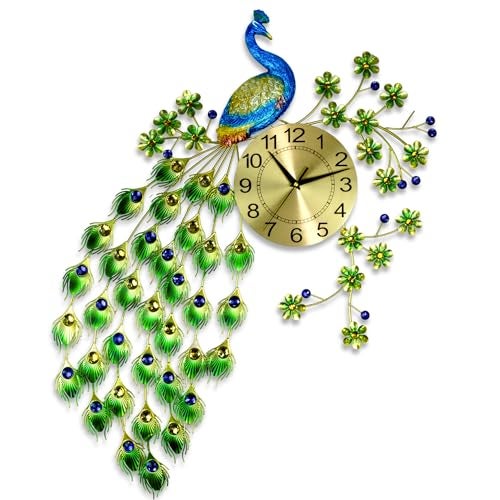 KRESHU 3D Metal Peacock Wall Hanging Clock Home Bedroom Decoration Silent Quartz Creative Elegant Luxurious Non Ticking Wall Clock Analog Dial Pad for Living Room (Shining Golden) - Image 1
