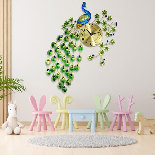 KRESHU 3D Metal Peacock Wall Hanging Clock Home Bedroom Decoration Silent Quartz Creative Elegant Luxurious Non Ticking Wall Clock Analog Dial Pad for Living Room (Shining Golden) - Image 4