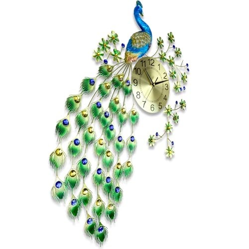 KRESHU 3D Metal Peacock Wall Hanging Clock Home Bedroom Decoration Silent Quartz Creative Elegant Luxurious Non Ticking Wall Clock Analog Dial Pad for Living Room (Shining Golden) - Image 3
