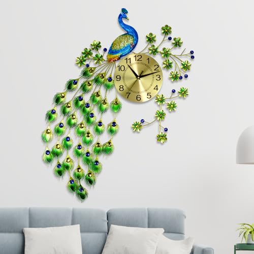 KRESHU 3D Metal Peacock Wall Hanging Clock Home Bedroom Decoration Silent Quartz Creative Elegant Luxurious Non Ticking Wall Clock Analog Dial Pad for Living Room (Shining Golden) - Image 5