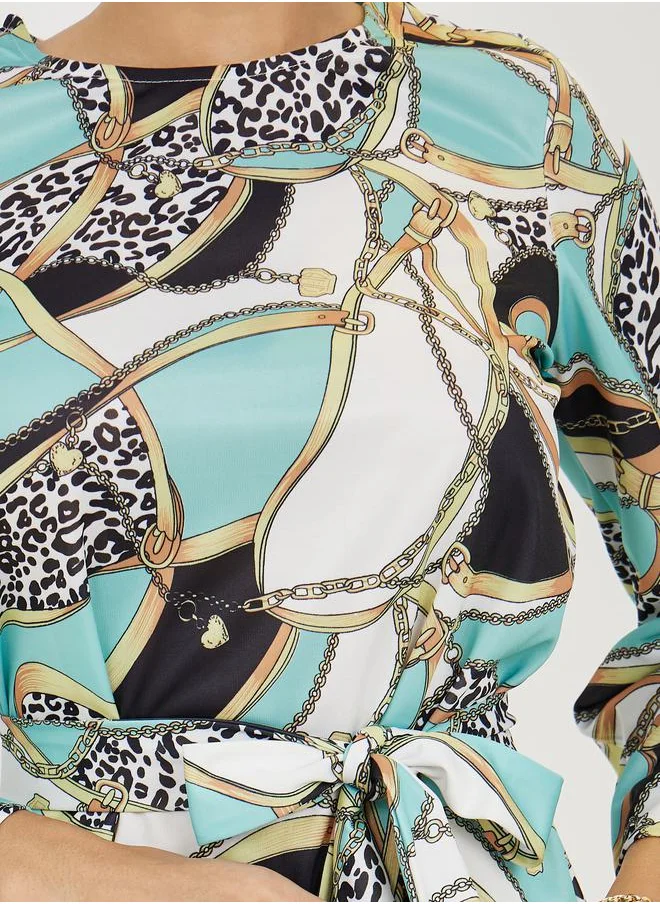 Take Two All Over Print A-Line Midi Dress with Belt