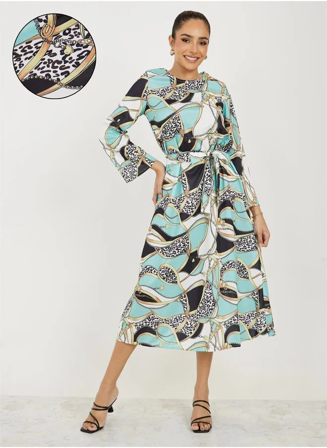 Take Two All Over Print A-Line Midi Dress with Belt