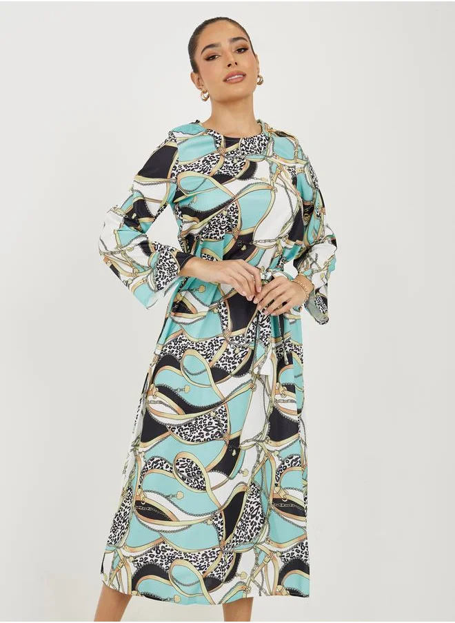 Take Two All Over Print A-Line Midi Dress with Belt