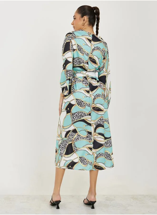 Take Two All Over Print A-Line Midi Dress with Belt