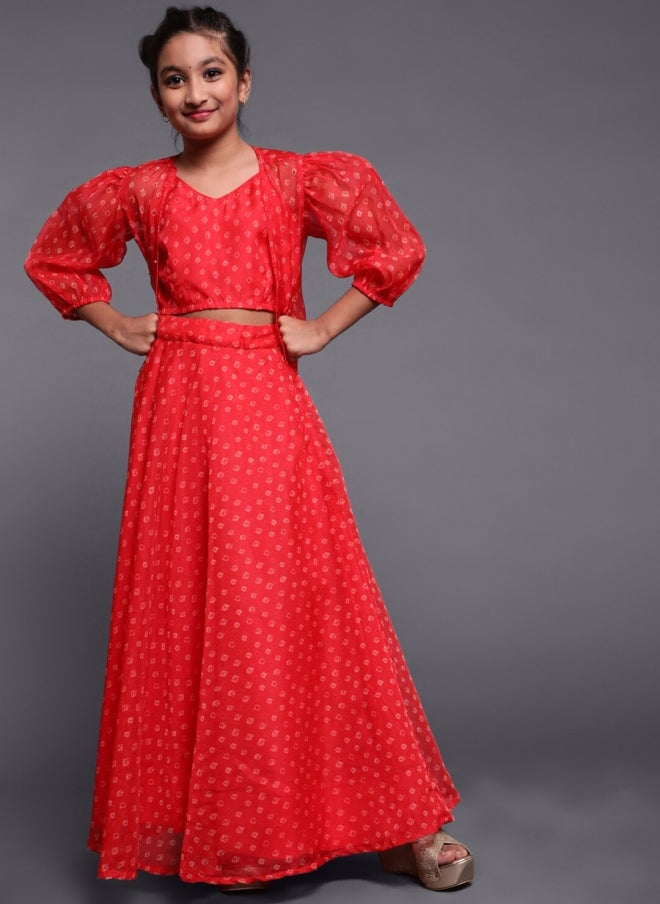 AKS Red Printed Lehenga Choli Set for Girls - Image 1