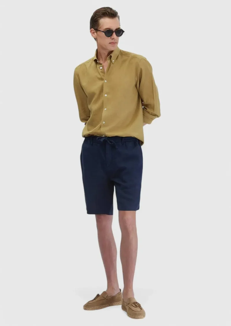 RAMSEY Navy Blue Weaving Carrot Fit Casual 100% Linen Bermuda