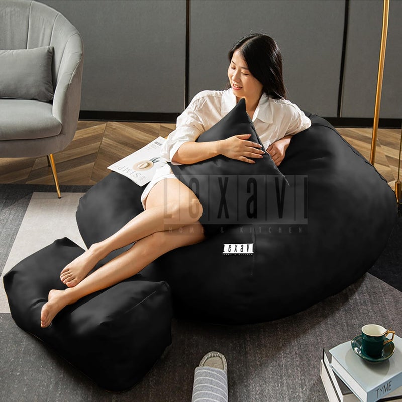 LEXAVI Brand 5XL Imported Soft Oxford Leather Bean Bag with Rectangular Extra Comfortable Footrest Comfy Cushion with Beans Filled I Bean Bag Chair Ready to Use Color XXXXXL Black