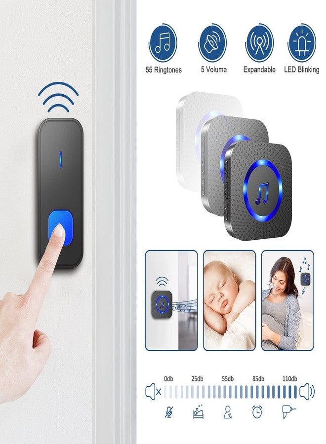 SURFOU Doorbell,Wireless Doorbell Operating at 1,300ft Door Bell Kit with Plug in Receivers Remote Button,55 Chimes 5 Volume with LED,Loud Enough for Home Classroom,Black - Image 5