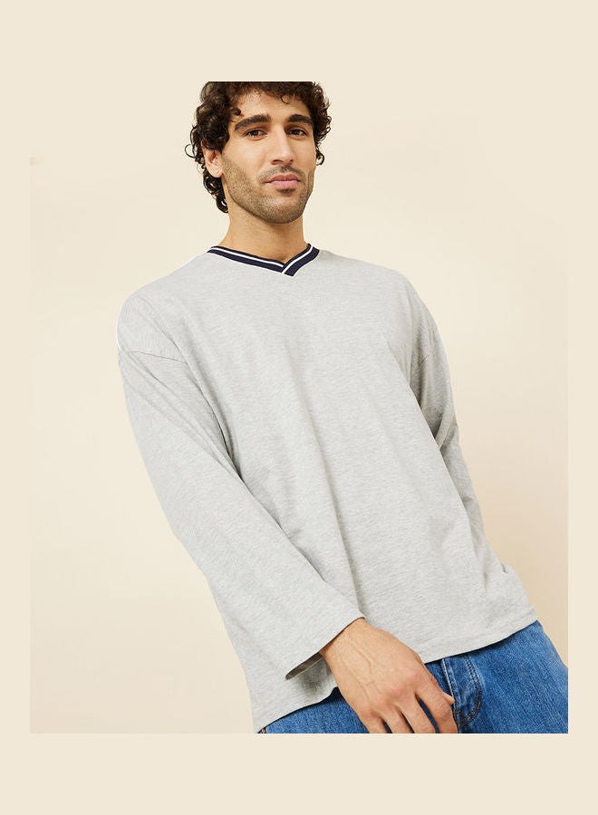 Styli Long Sleeves V Neck Ribbed Boxy T-shirt with Piped Detail - Image 1