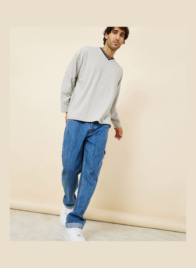 Styli Long Sleeves V Neck Ribbed Boxy T-shirt with Piped Detail - Image 2