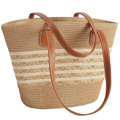 Pleneal Straw Beach Bags For Women, Large Straw Handbags for Women Woven Shoulder Purses Summer Shopping Travel Tote Bag - Image 1
