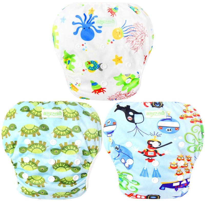 wegreeco Baby & Toddler Snap One Size Adjustable Reusable Baby Swim Diaper (Diving,Ocean,Turtle,Small,3 Pack) - Image 1