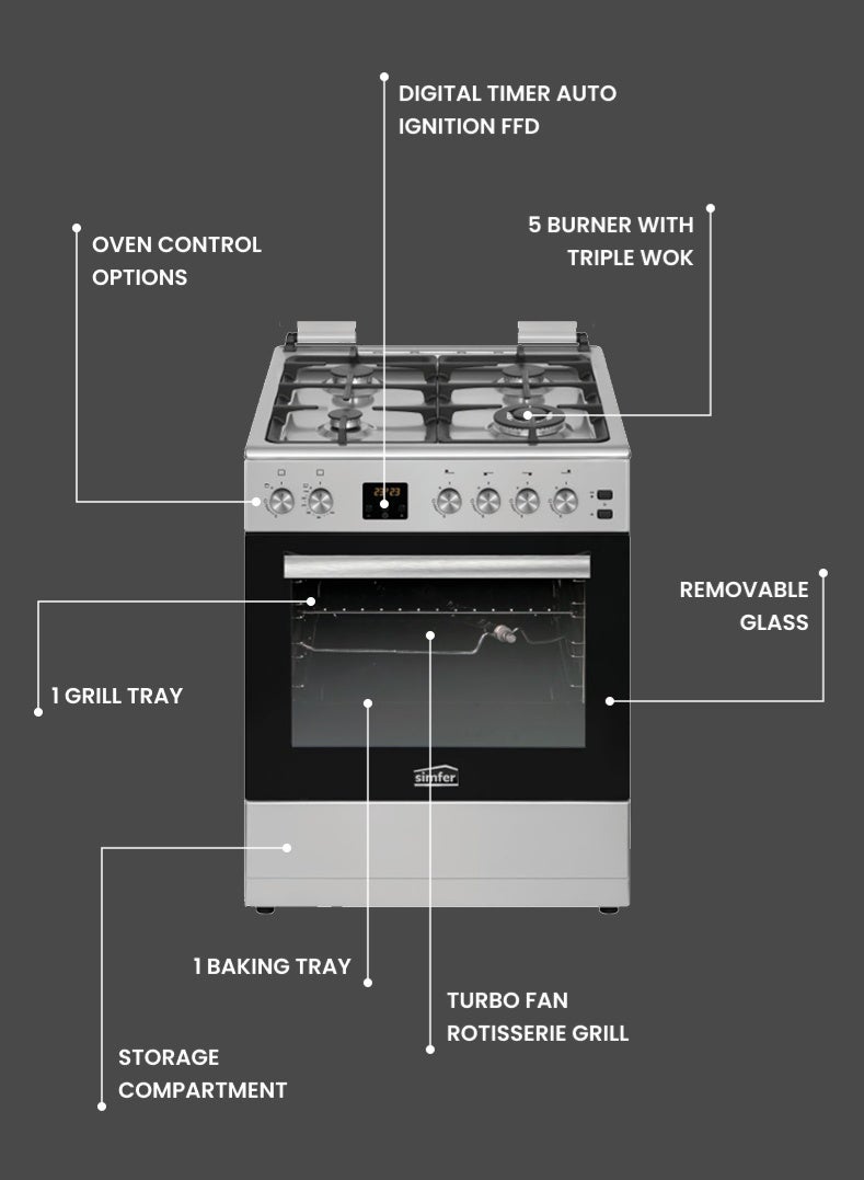 Simfer Gas Cooker 60x60 cm | 59L Turbo Fan Oven | 4 Gas Burners with Triple Wok | Grill & Rotisserie | Auto Ignition FFD Safety | Stainless Steel Finish | Model SMF6069GCH - Image 3