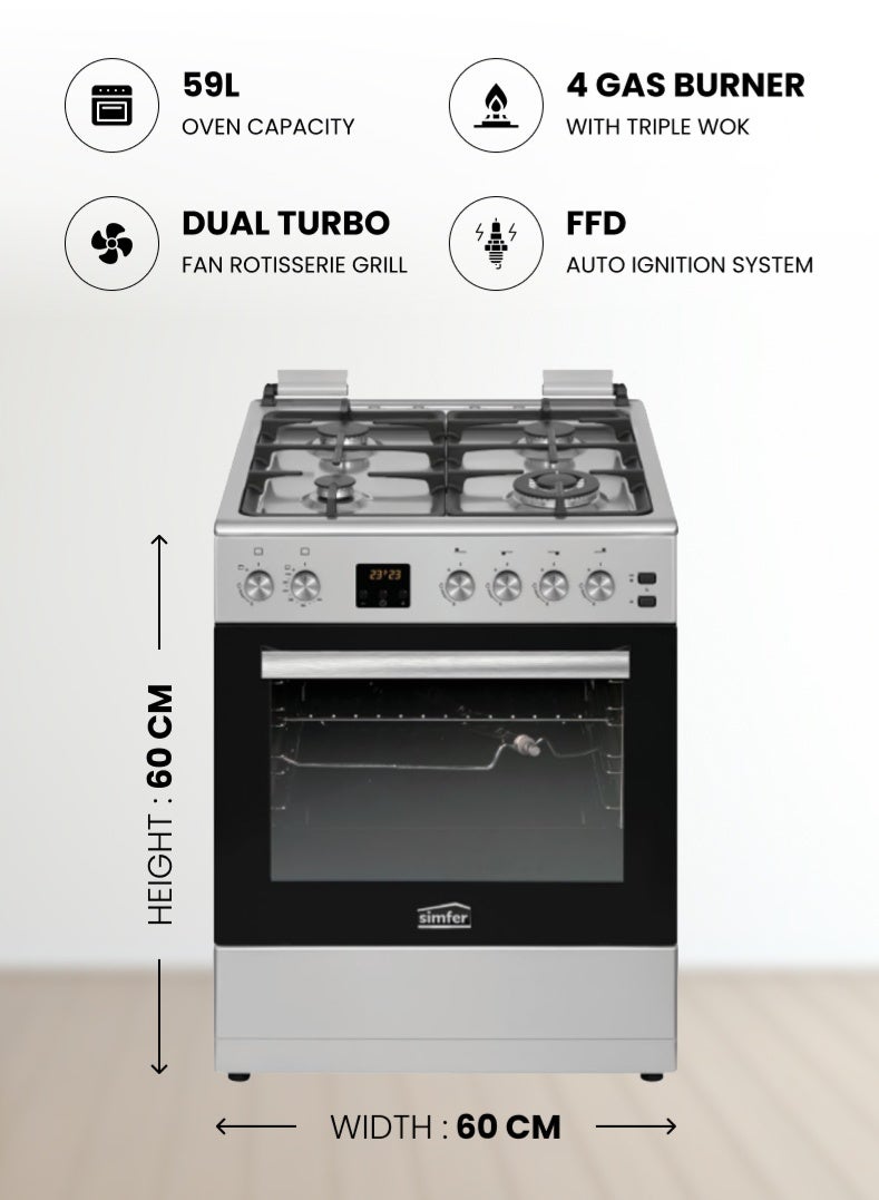 Simfer Gas Cooker 60x60 cm | 59L Turbo Fan Oven | 4 Gas Burners with Triple Wok | Grill & Rotisserie | Auto Ignition FFD Safety | Stainless Steel Finish | Model SMF6069GCH - Image 2