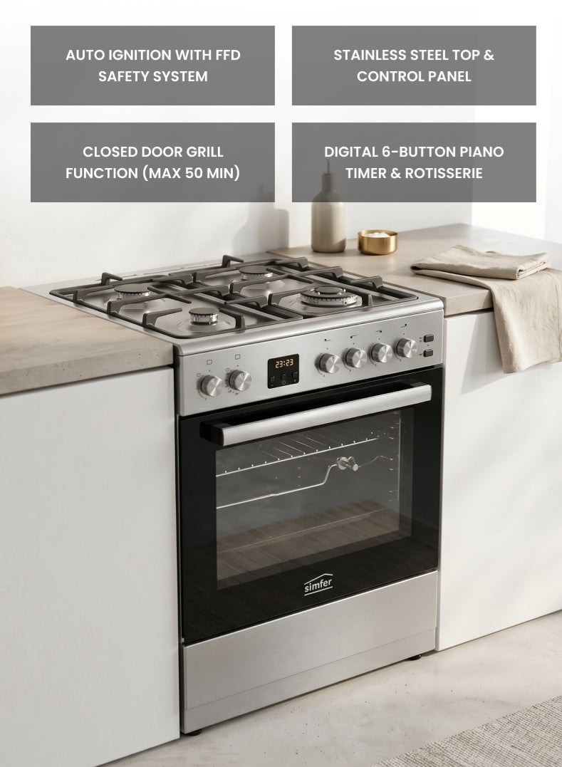 Simfer Gas Cooker 60x60 cm | 59L Turbo Fan Oven | 4 Gas Burners with Triple Wok | Grill & Rotisserie | Auto Ignition FFD Safety | Stainless Steel Finish | Model SMF6069GCH - Image 4