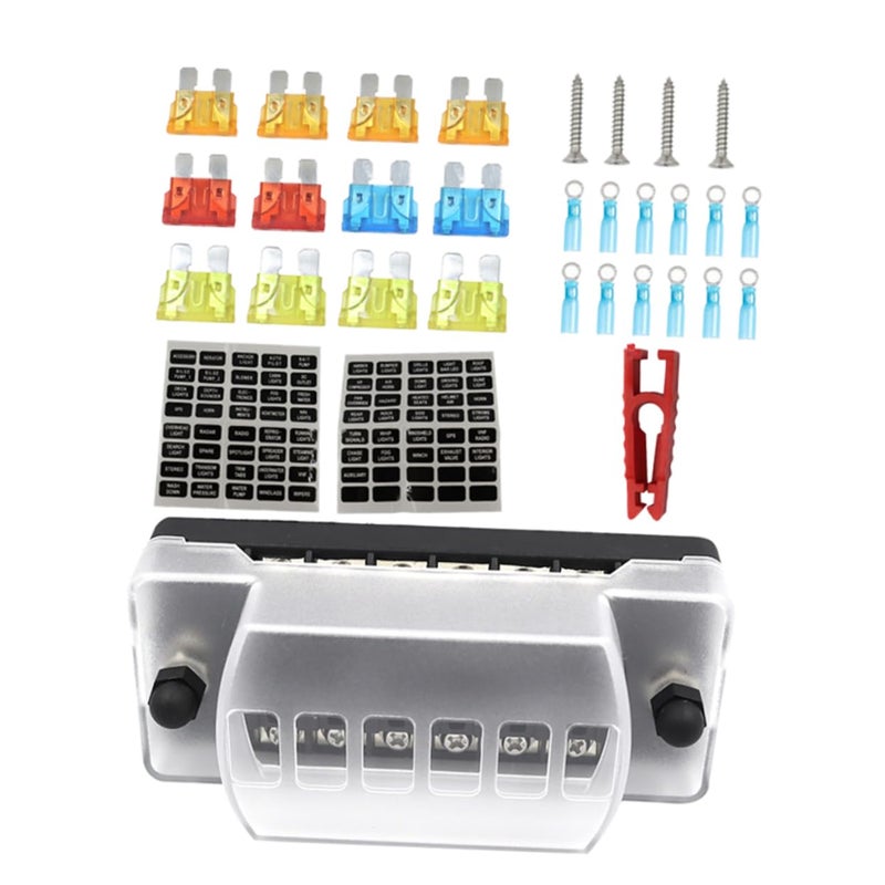 Versatile application MAGICLULU 6-Way Fuse Box Holder Blades ATC Circuit Fuse Block Includes 12 Clips 12 Terminals 2 Stickers and 4 Screws for Automotive and Marine Use On-demand local restock Natural material Stable base Transparent body Dust tight seal Diverse application fit Ready goods scheduled ship Multi option design Various size alternatives Strategic warehouse site Gulf market trial optimized design Assorted natural tone picks Flat working surface Gulf standard sizing alternatives N/S/C nationwide deliver Size-sorted warehouse storage Water rust proof All item simple matching build Rack friendly Elegant upgraded practical design Global light sturdy raw material Economical upgraded quality Field test upgraded craftsmanship Multi-style matching design - Image 1