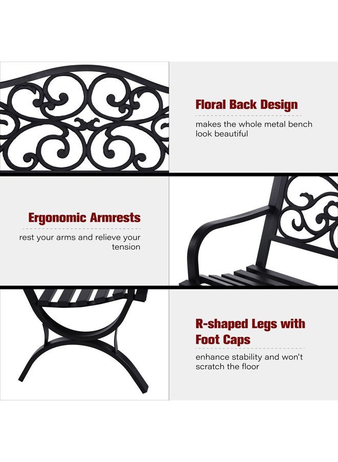 Sophia & William 50‘' Outdoor Garden Bench Patio Park Bench, Cast Iron Metal Frame Furniture with Floral Design Backrest for Porch Yard Lawn Deck, Black - Image 2