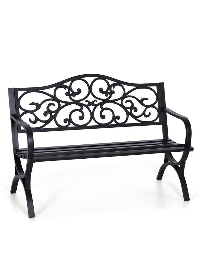 Sophia & William 50‘' Outdoor Garden Bench Patio Park Bench, Cast Iron Metal Frame Furniture with Floral Design Backrest for Porch Yard Lawn Deck, Black - Image 1