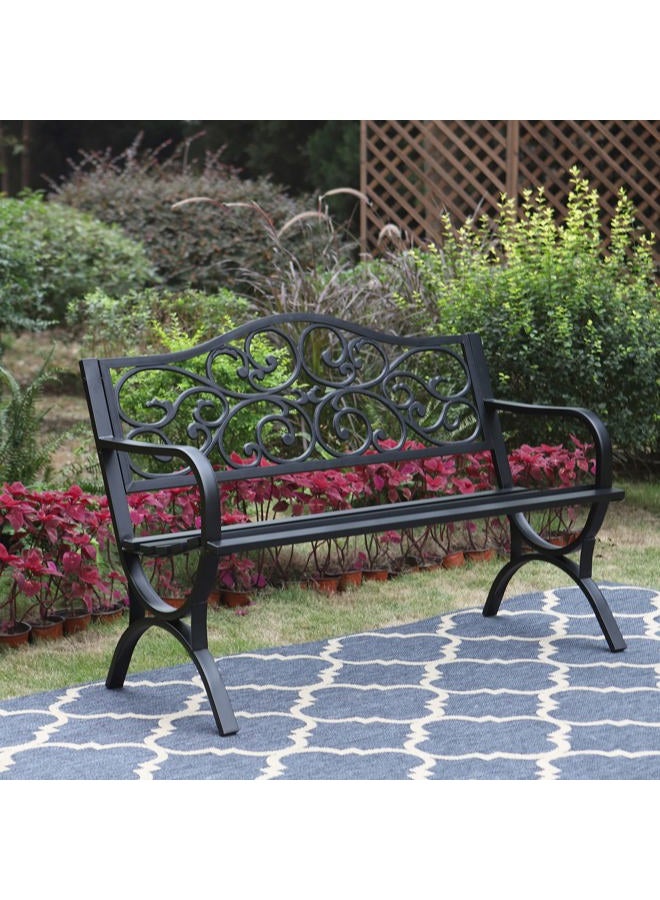 Sophia & William 50‘' Outdoor Garden Bench Patio Park Bench, Cast Iron Metal Frame Furniture with Floral Design Backrest for Porch Yard Lawn Deck, Black - Image 5