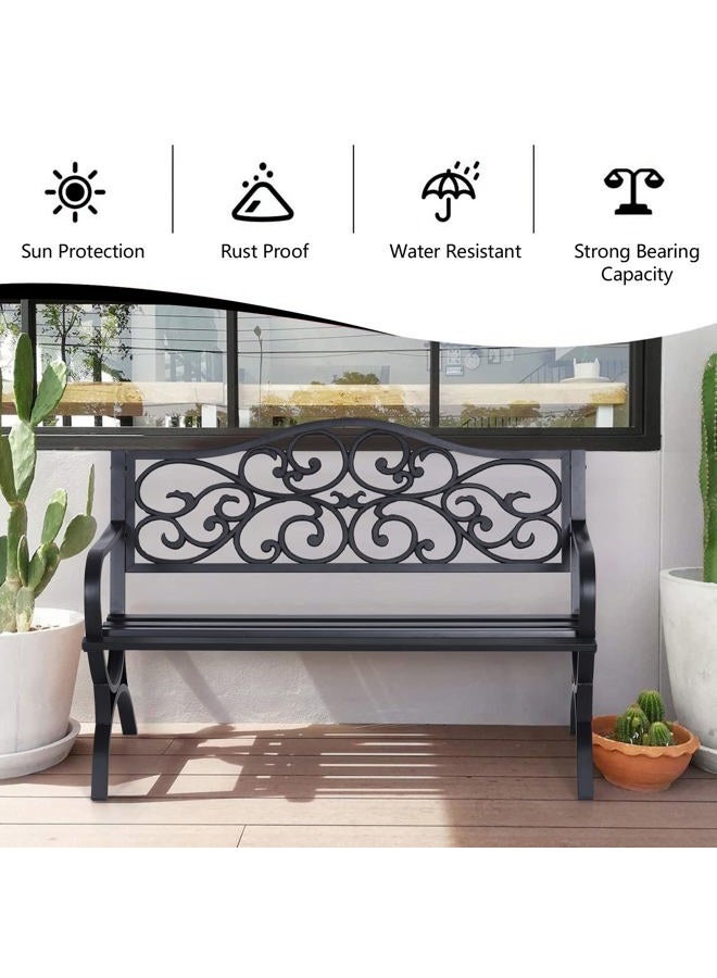 Sophia & William 50‘' Outdoor Garden Bench Patio Park Bench, Cast Iron Metal Frame Furniture with Floral Design Backrest for Porch Yard Lawn Deck, Black - Image 3