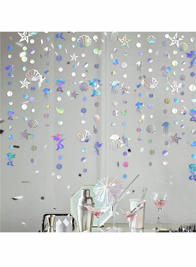 الأزرق جي دبليو Party Garlands Mermaid Garland with Jellyfish Seashell Starfish Pearl Holographic Paper Streamer for Rainbow Theme Birthday Bachelorette Baby Shower Under The Sea Decorations - Image 4