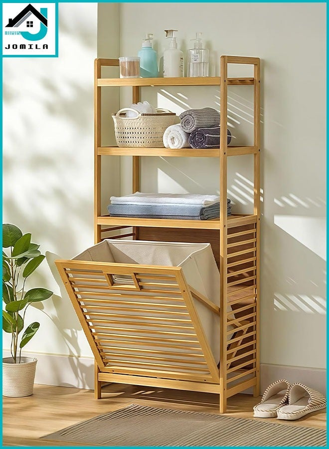 JOMILA 3-Tier Shelves Bamboo Laundry Hamper Basket Floor Storage Cabinet Freestanding Bathroom Side Storage Organizer with Doors for Hallway Kitchen Living Room Natural Wood Colour 50x119x30 cm  - Image 1
