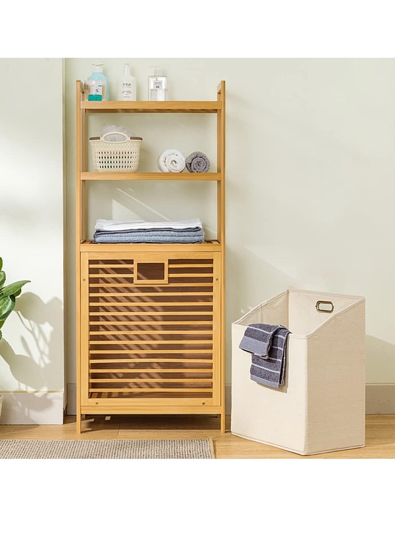 JOMILA 3-Tier Shelves Bamboo Laundry Hamper Basket Floor Storage Cabinet Freestanding Bathroom Side Storage Organizer with Doors for Hallway Kitchen Living Room Natural Wood Colour 50x119x30 cm  - Image 3