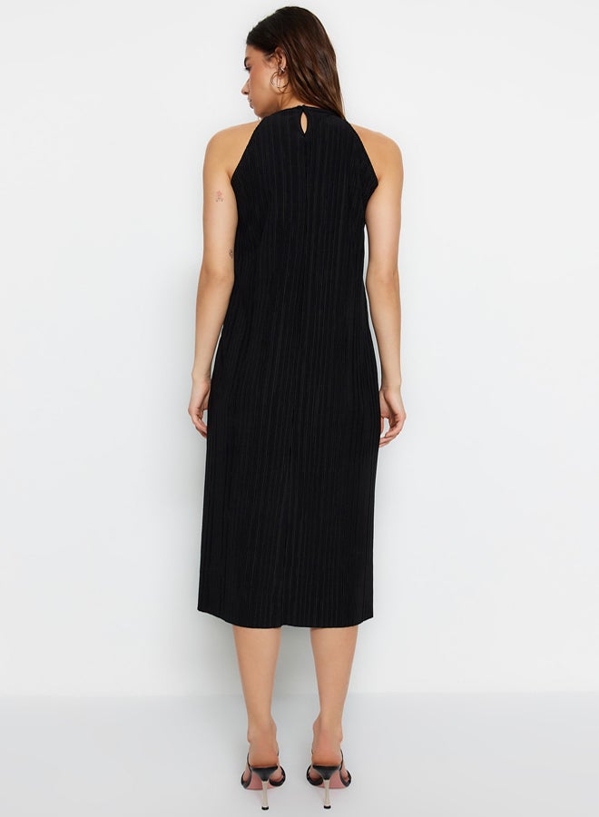 trendyol Black Shift/Straight Zero Sleeve Midi Pleated Knitted Dress - Image 5
