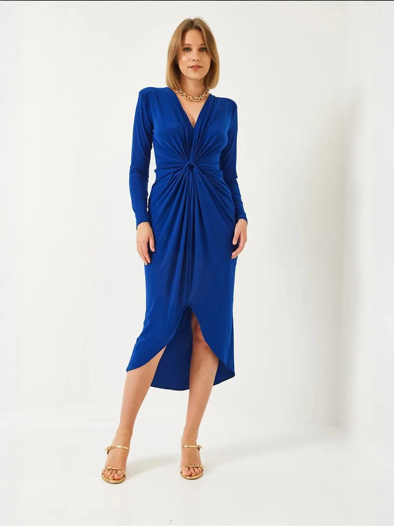 Bianco Lucci LUCCI V-Neck Ruched Midi Dress