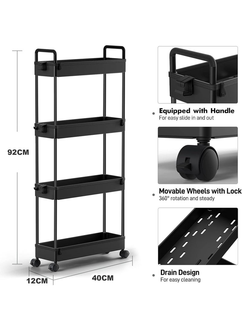 زيريفام عربة تخزين رفيعة، منظم حمام بأربع طبقات مع أرفف متحركة، عربة متعددة الأغراض متدحرجة مع حجرات منزلقة للمطبخ والحمام وغرفة الغسيل والأماكن الضيقة (أسود) - Image 2