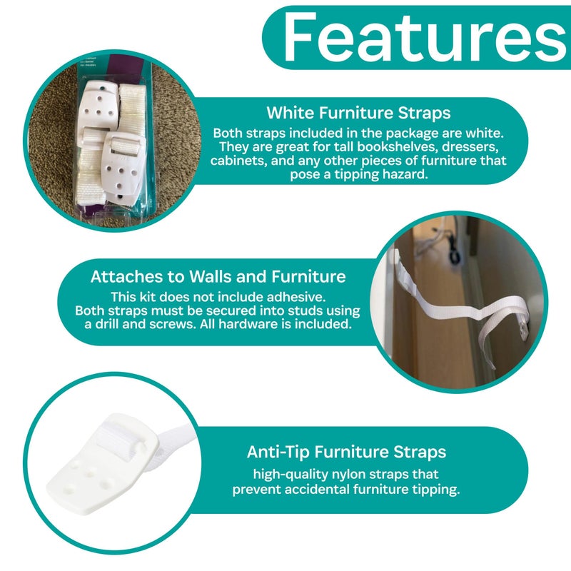 KidCo Anti-Tip Furniture Straps - Anti Tip Safety Straps, TV & Furniture Straps for Child Safety, Two Pack, White - Image 3