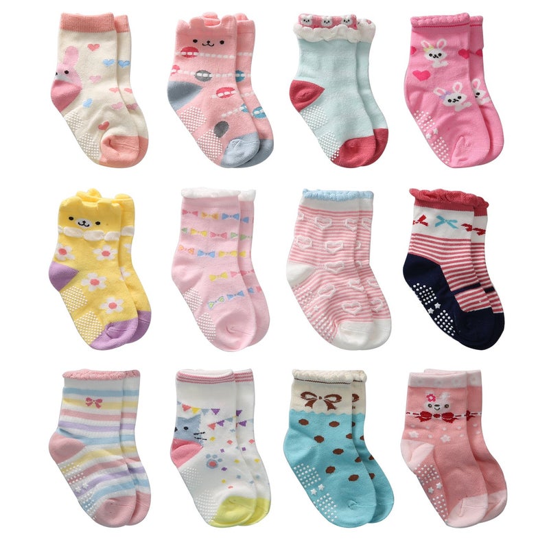 Cottock Toddler Girl 12-Pair Grip Socks, Anti-Slip Crew Socks - Non Skid Cotton for Kids Girls (6-12 Months) parashoot Avg. Rating - Image 1