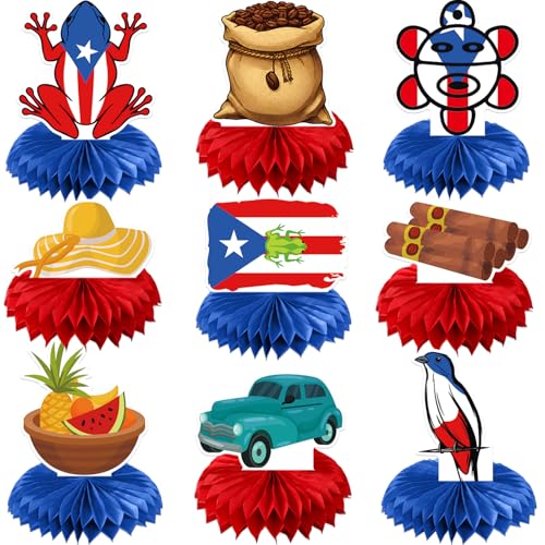 Geodurn 9 Pieces Puerto Rico Honeycomb Table Centerpieces Puerto Rican Icons with Red Blue Bases Boricua Theme Table Decorations for Fiesta Birthday and Cultural National Day Patriotic Celebrations - Image 1